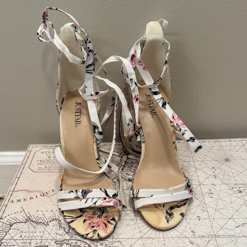 JustFab White Floral Lace-Up Heeled Sandals